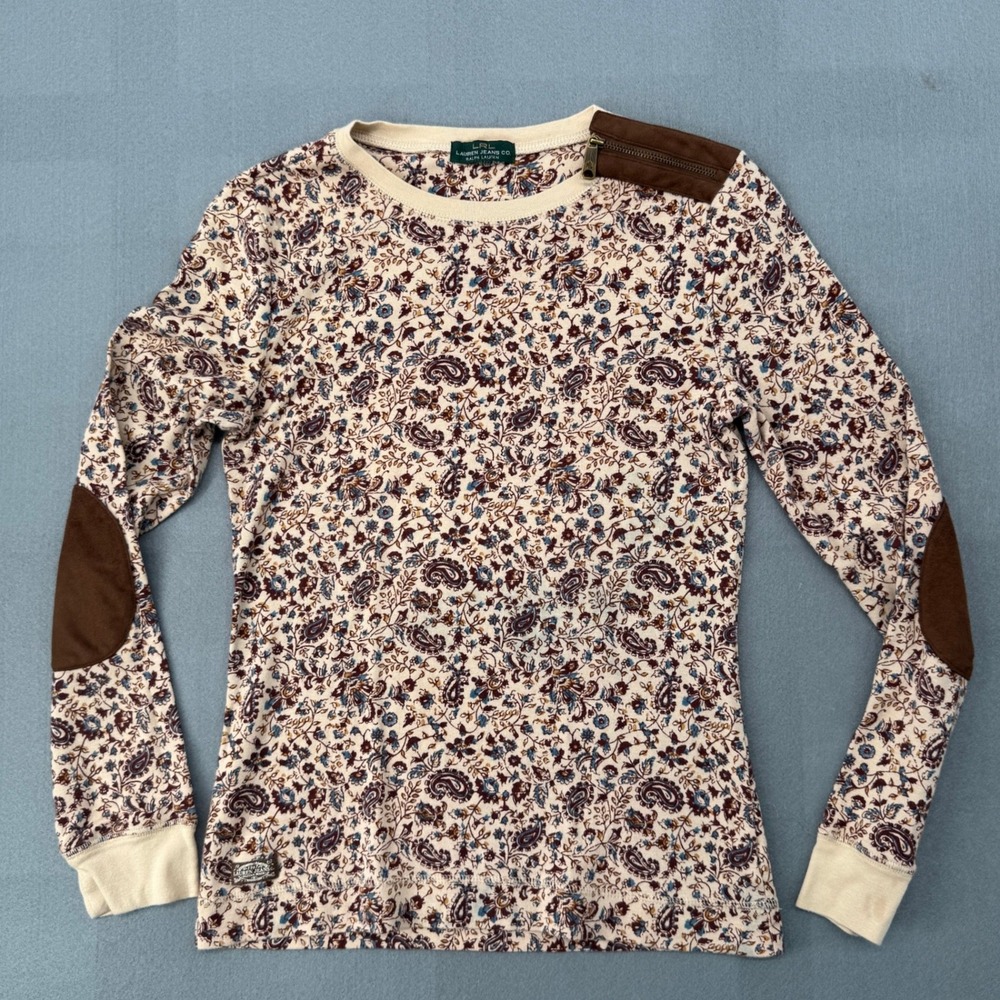 Y2K Lauren Ralph Lauren Paisley Floral Long Sleeve Top XS Elbow Patch Equestrian